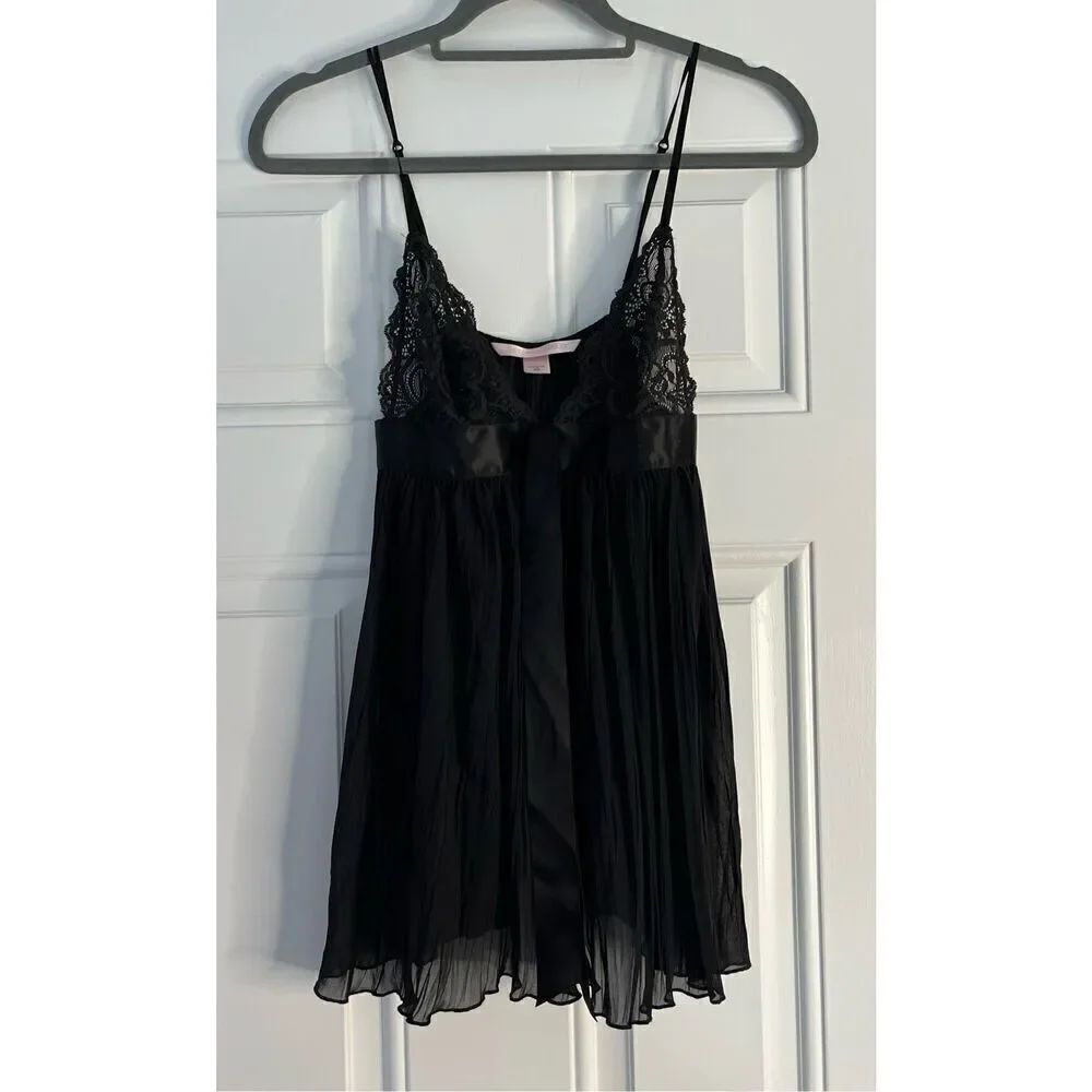 Victorias Secret Black Sheer Lace Babydoll Satin Ribbon Camisole Lingerie Top XS